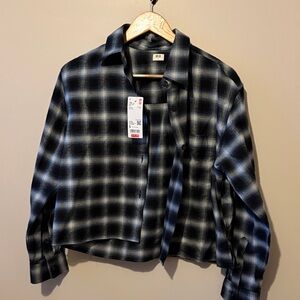 Uniqlo, Cropped Black and Gray Plaid Shirt, Size Small